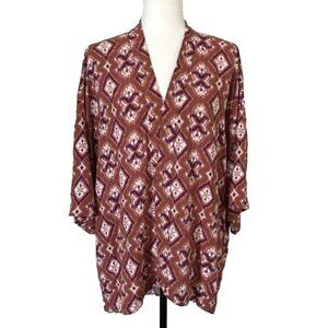 KNOX ROSE Kimono Cardigan Top Size XL/XXL Rust Pink Boho Pattern 100% Rayon